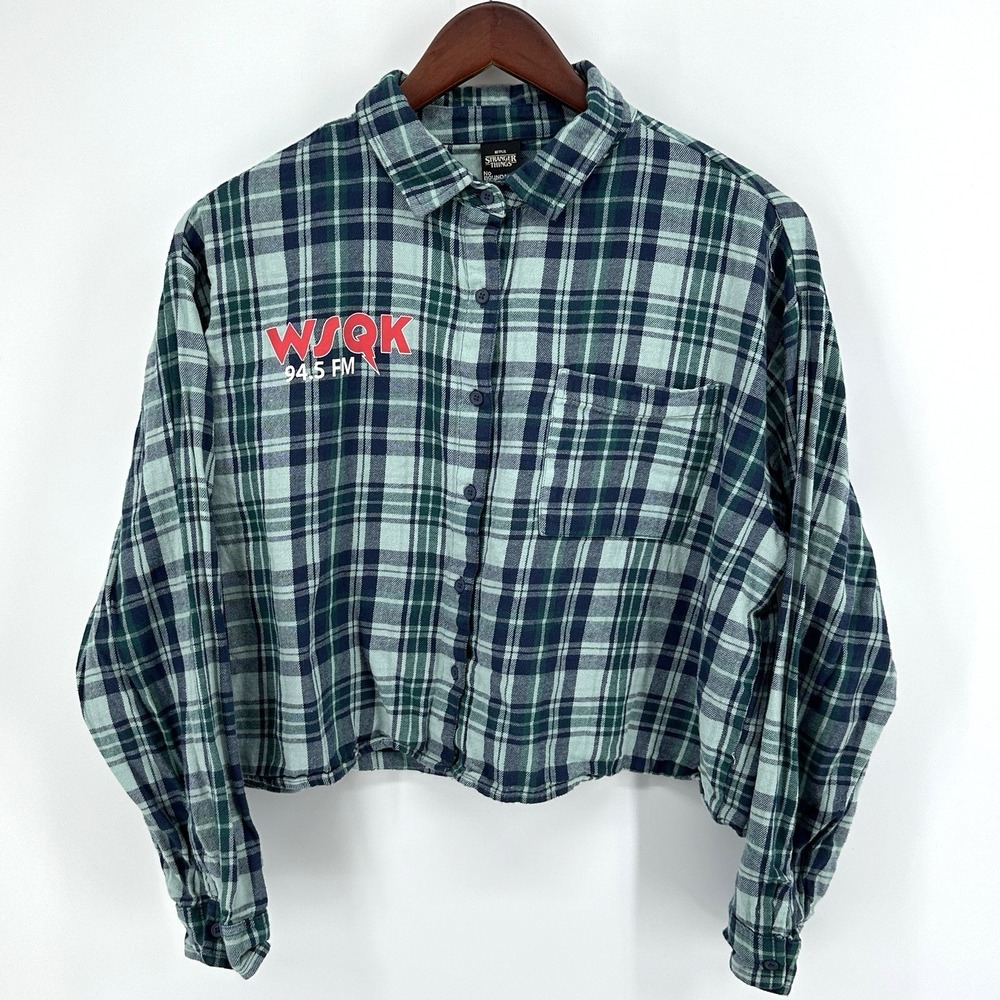 Stranger Things Women's XL Crop Top Shirt WSQK Radio Flannel Button Up